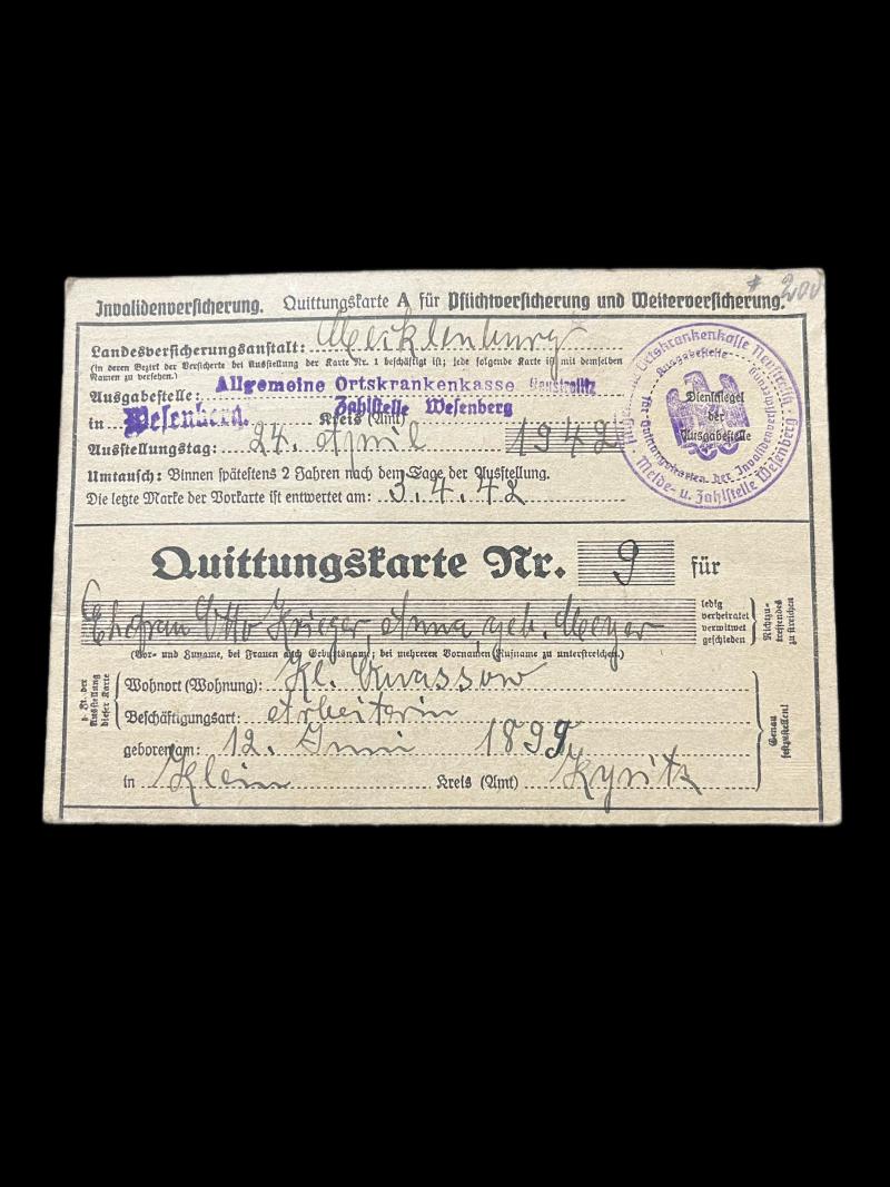 WW2 GERMAN INSURANCE CARD