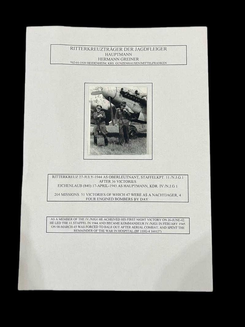SIGNATURE OF WW2 GERMAN PILOT HAUPTMANN HERMANN GREINER