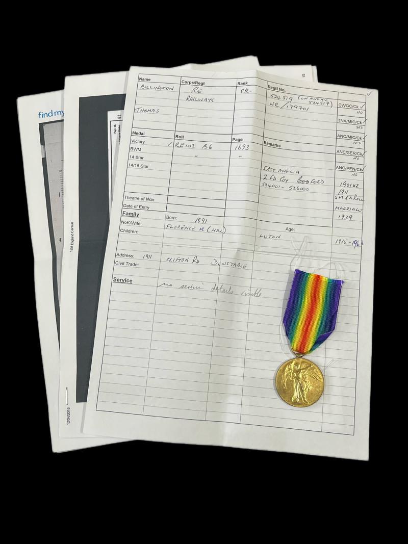 WW1 VICTORY MEDAL WITH HISTORY (SPR T.BILLINGTON)
