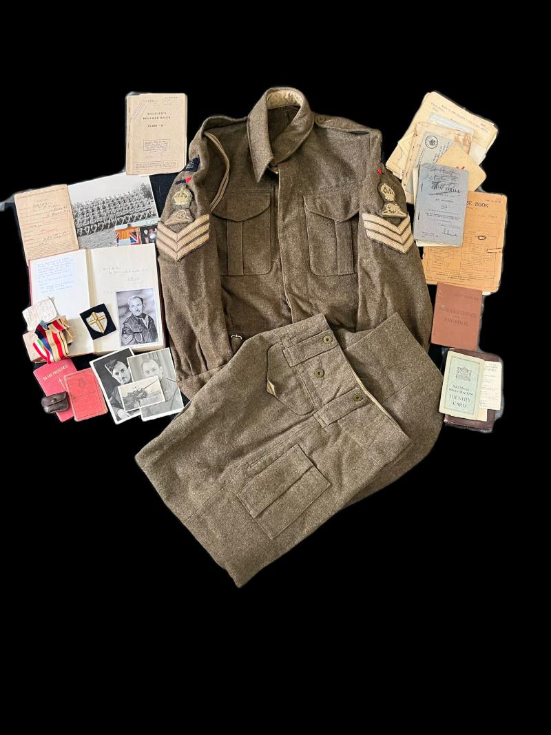 WW2 BRITISH ROYAL ARTILLERY BATTLEDRESS SET WITH PAPERWORK AND PROVINANCE