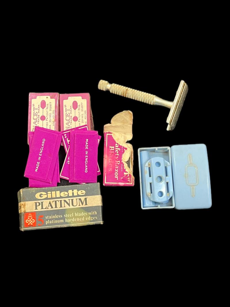 2 X BRITISH RAZORS AND A NUMBER OF SPARE BLADES
