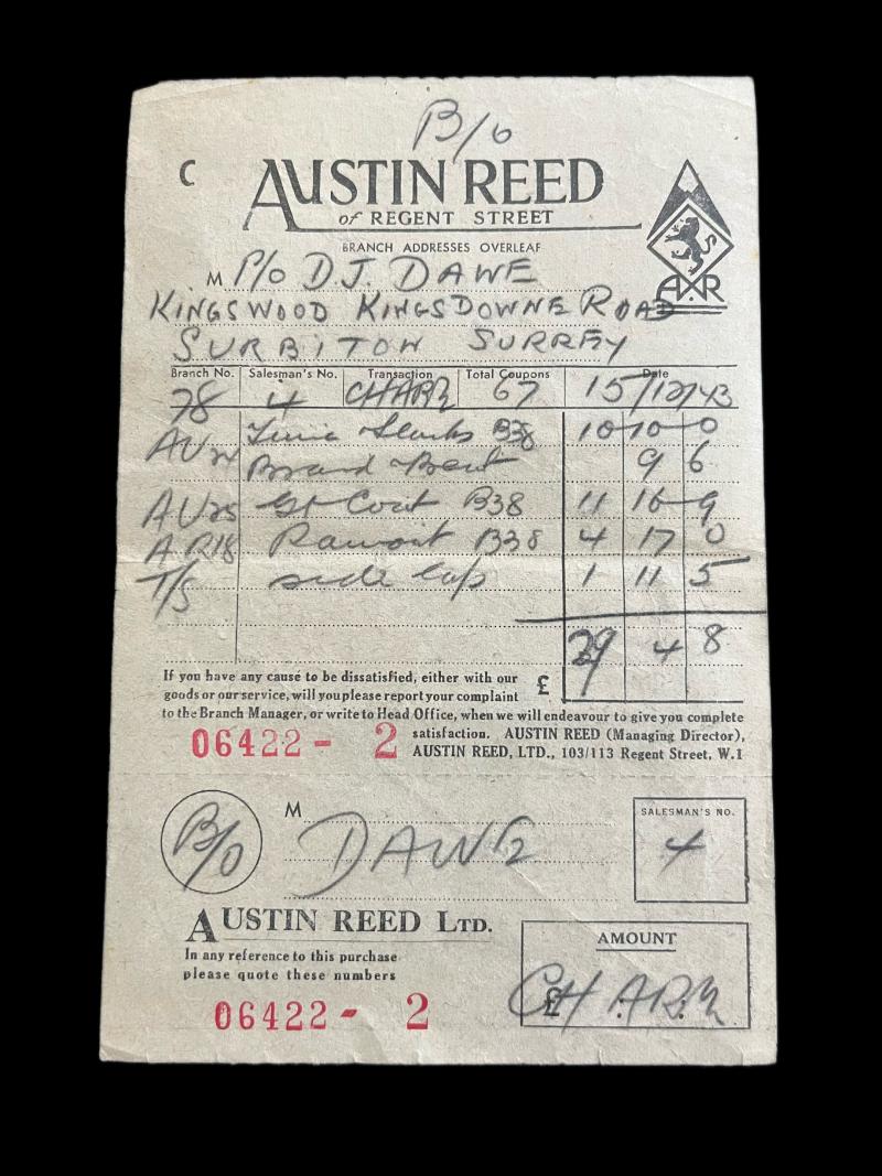 WW2 AUSTIN REED TAILOR RECEIPT
