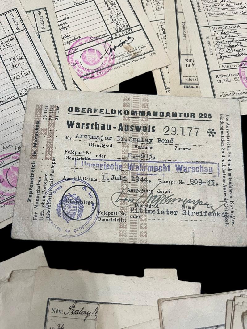 WW2 DR.SZALAY BENO 1944 WARSHAU AUSWEIS, 72 X SALARY PAYMENT FORMS AND HIS SONS RESIDENCY CARD