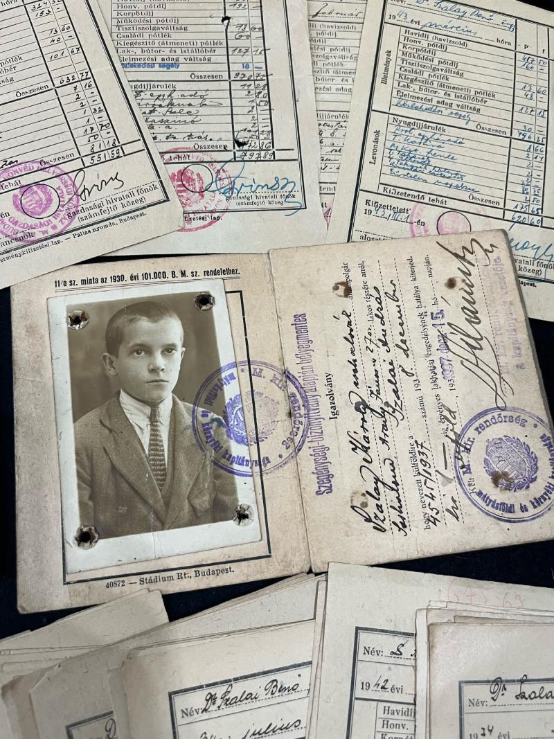 WW2 DR.SZALAY BENO 1944 WARSHAU AUSWEIS, 72 X SALARY PAYMENT FORMS AND HIS SONS RESIDENCY CARD