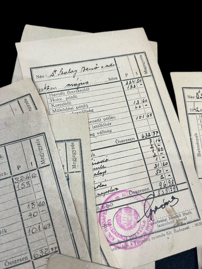 WW2 DR.SZALAY BENO 1944 WARSHAU AUSWEIS, 72 X SALARY PAYMENT FORMS AND HIS SONS RESIDENCY CARD