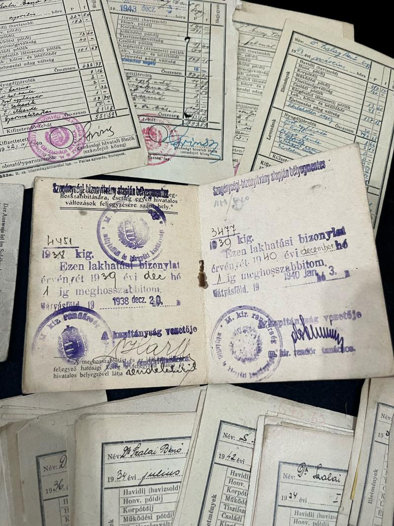 WW2 DR.SZALAY BENO 1944 WARSHAU AUSWEIS, 72 X SALARY PAYMENT FORMS AND HIS SONS RESIDENCY CARD