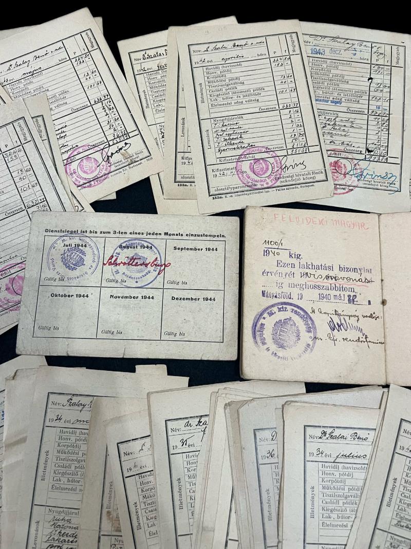 WW2 DR.SZALAY BENO 1944 WARSHAU AUSWEIS, 72 X SALARY PAYMENT FORMS AND HIS SONS RESIDENCY CARD