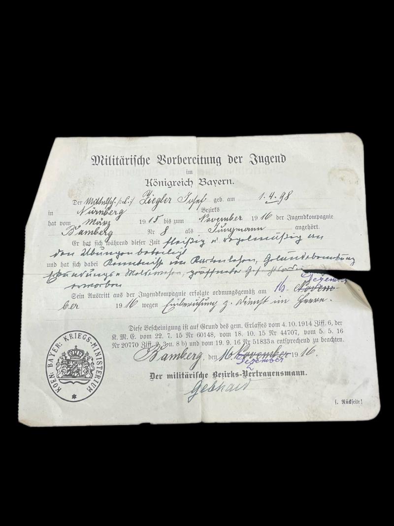WW1 BAVARIAN YOUTH PREPARATION FOR MILITARY CONSCRIPTION DOCUMENT
