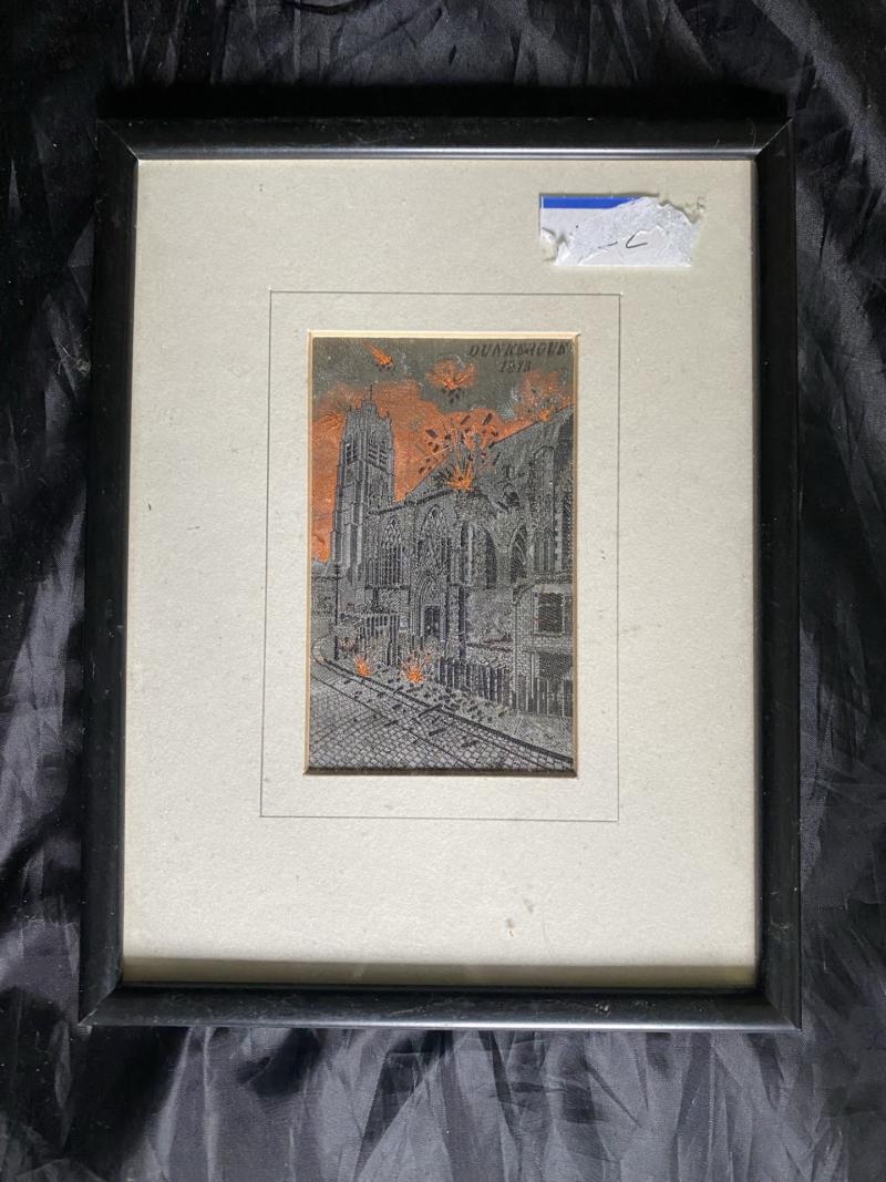 FRAMED SILK EMBROIDERY OF DUNKERQUE CATHERDRAL BOMBING 