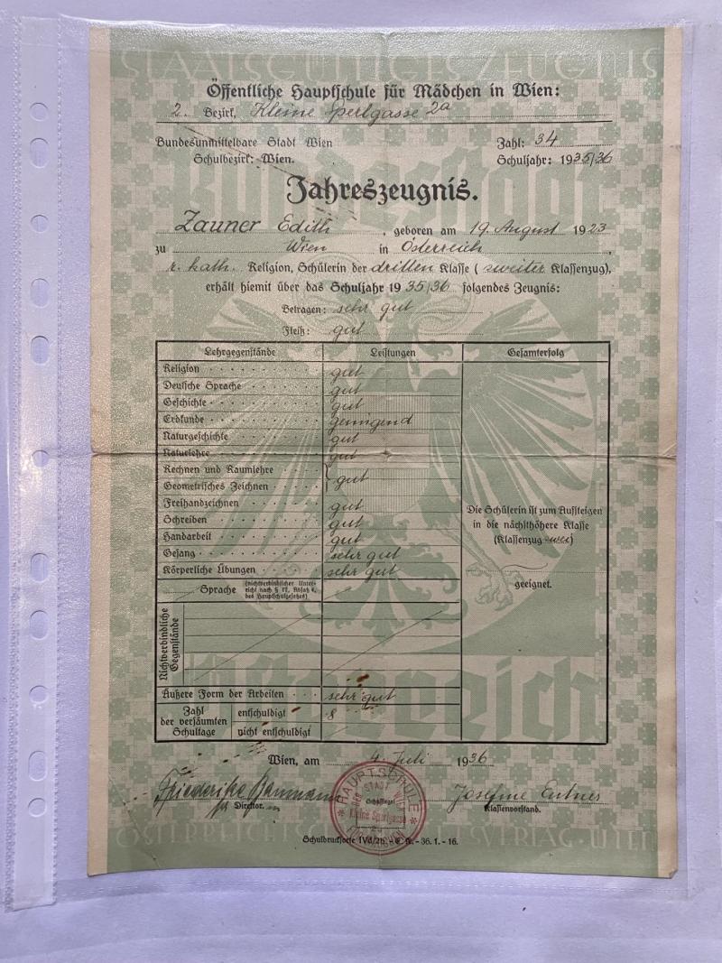 1936 DATED GERMAN SECONDARY SCHOOL REPORT CARD (ZAUNER EDITH)