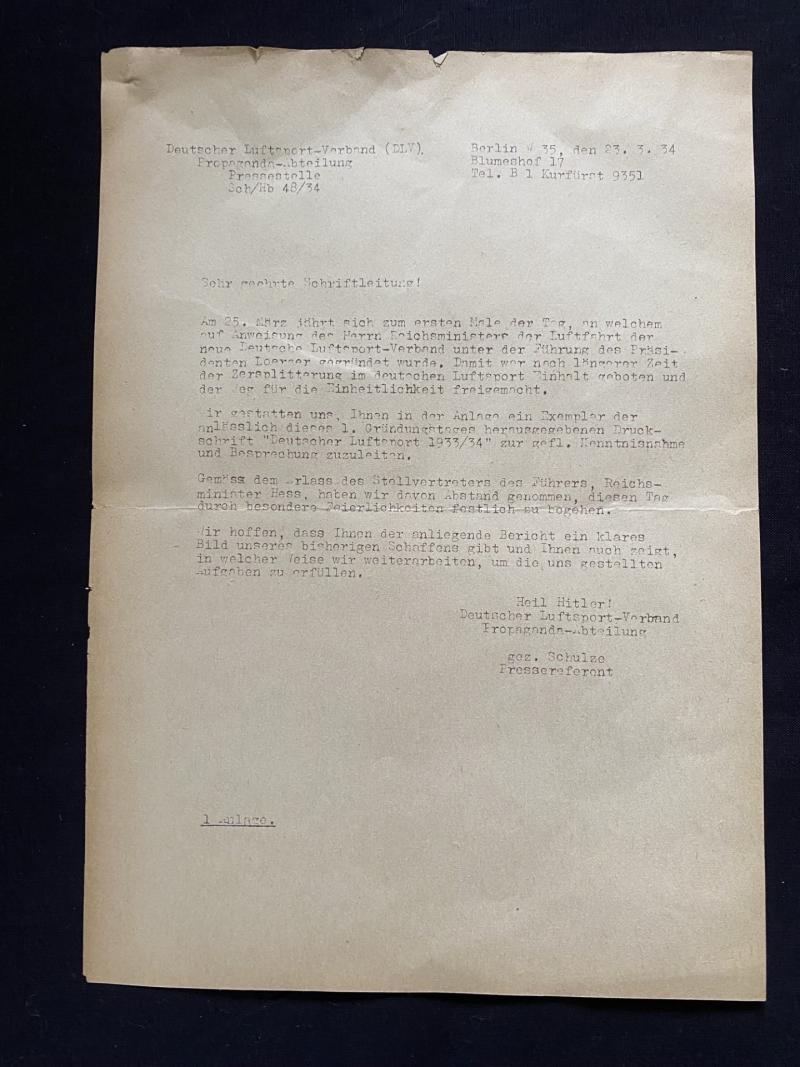 1934 DATED GERMAN AIR SPORTS ASSOCIATION LETTER