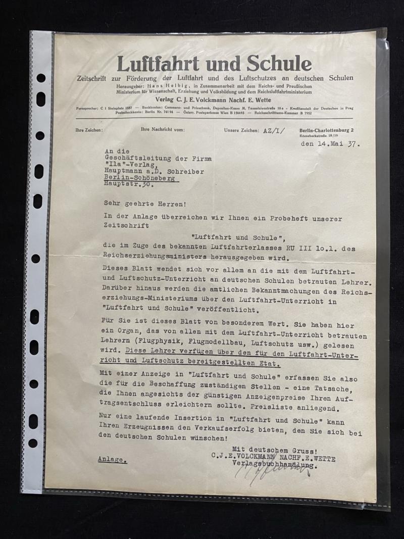 1937 DATED GERMAN AVIATION AND SCHOOL LETTER