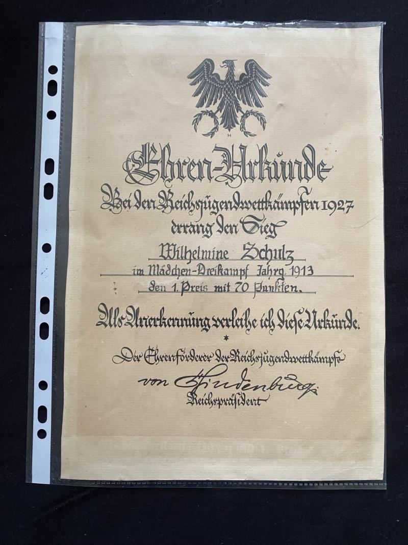 DEUTSCHE REICH EHREN-URKUNDE REICHSJUGENWTTKAMPFEN 1927