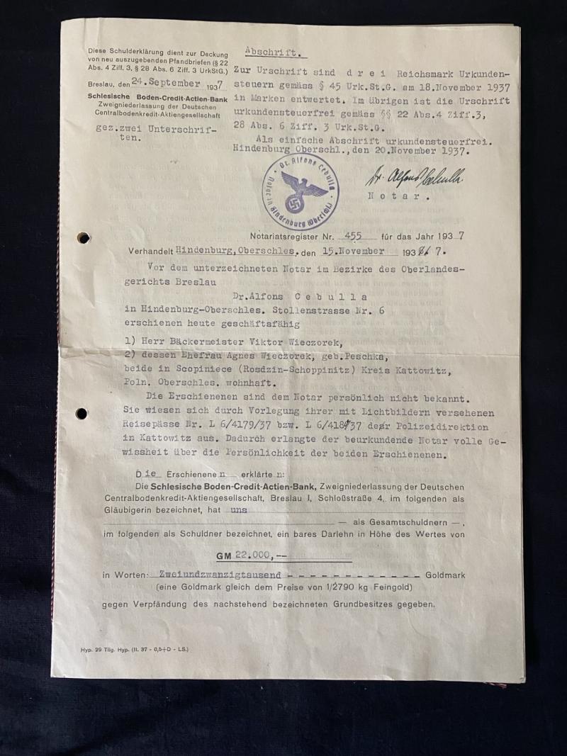 WW2 GERMAN BANK LOAN AGREEMENT DOCUMENT