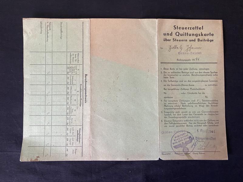 WW2 GERMAN TAX SLIP AND RECEIPT CARD FOR 1944