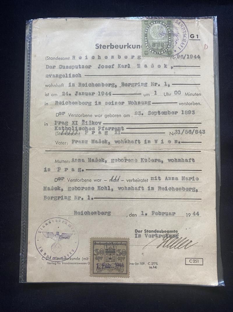 WW2 GERMAN DEATH CERTIFICATE