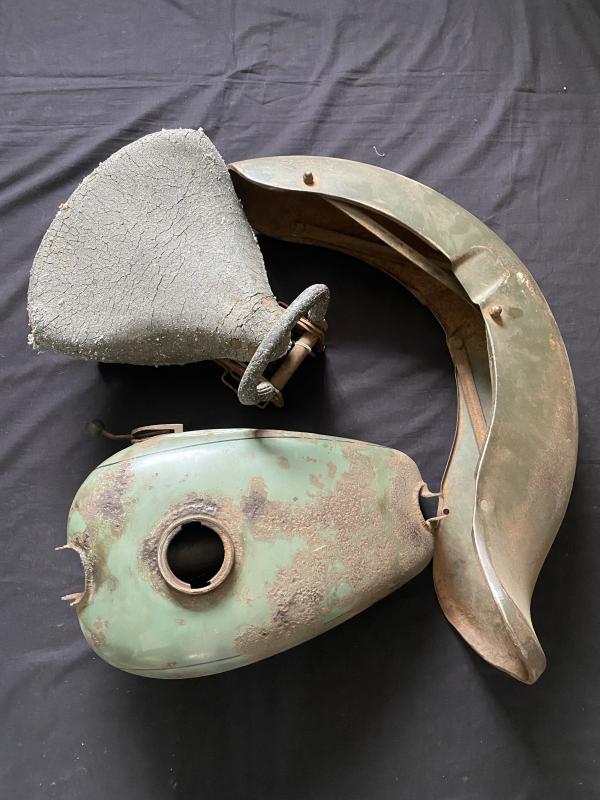 WW2 GERMAN MOTORCYCLE SEAT/TANK AND WHEEL GUARD FROM NORMANDY (DEAD MAN'S CORNER)