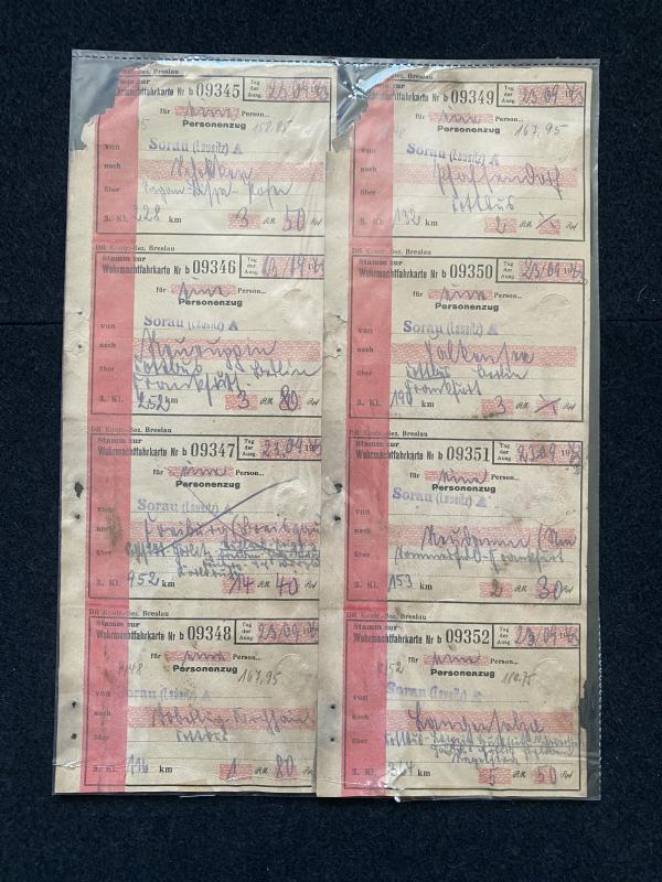 8 X WW2 GERMAN MILITARY TRAIN TICKETS