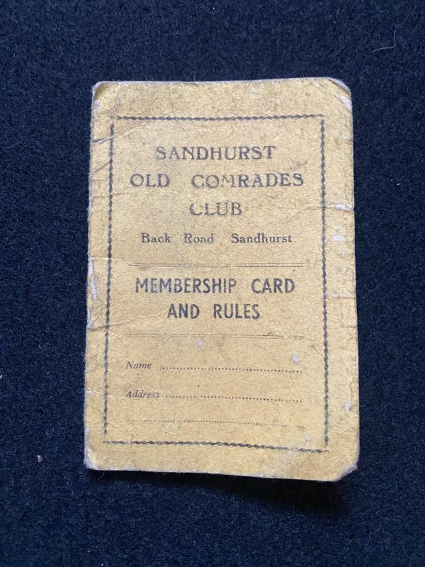 SANDHURST OLD COMRADES CLUB MEMBERSHIP CARD