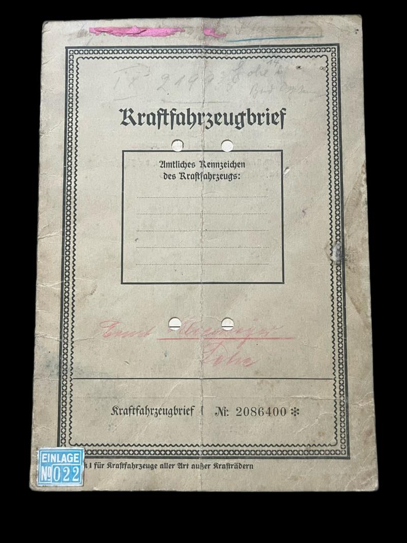 WW2 GERMAN VEHICLE REGISTRATION DOCUMENT