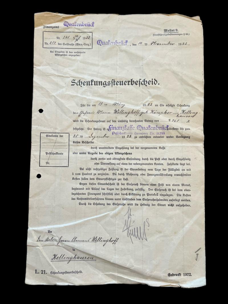 1922 DATED GERMAN TAX ASSESSMENT DOCUMENT