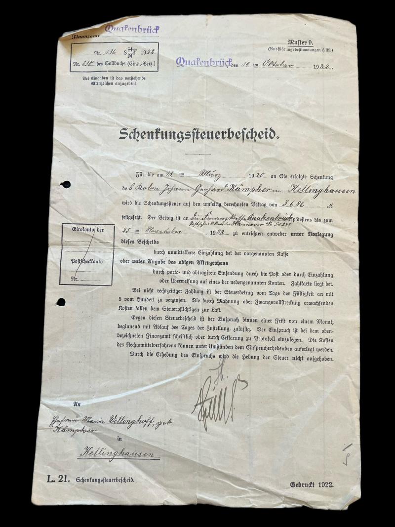 1922 GERMAN TAX ASSESSMENT DOCUMENT