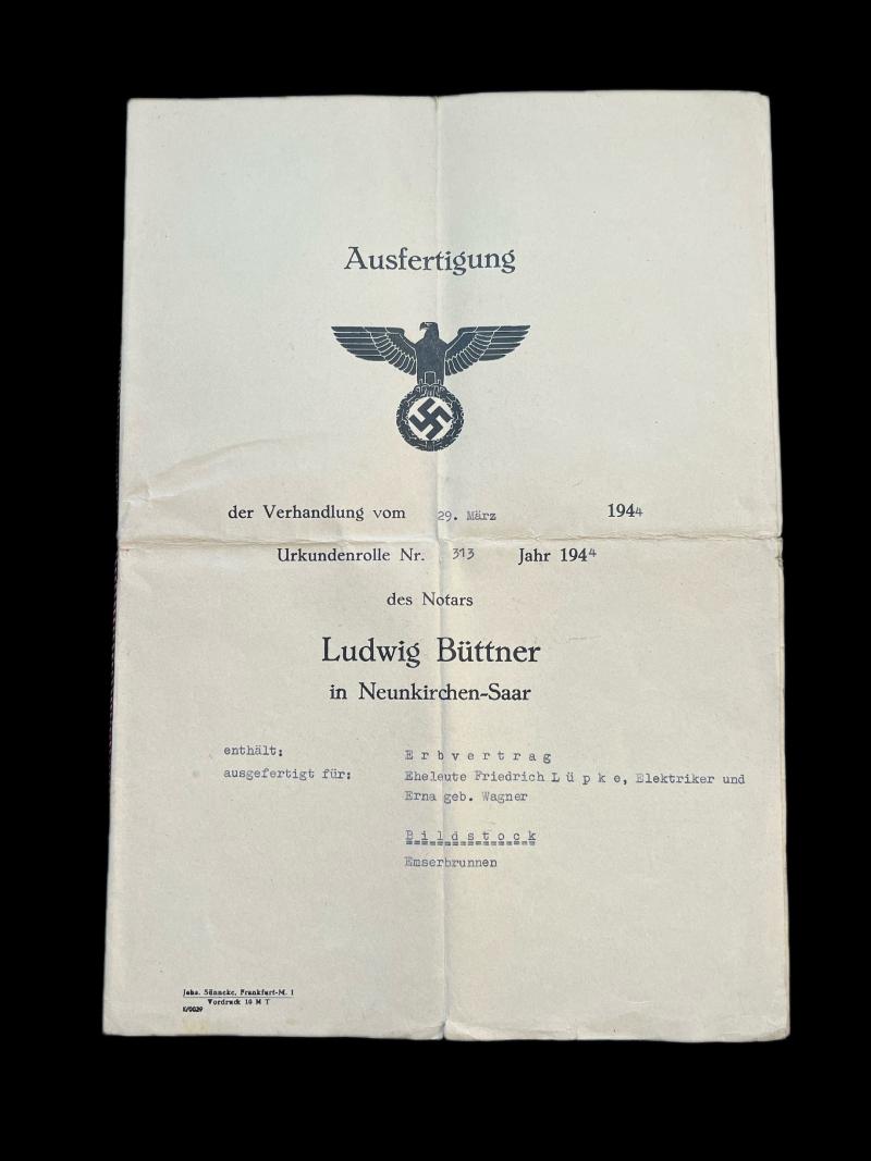 WW2 GERMAN INHERITANCE AGREEMENT DOCUMENT