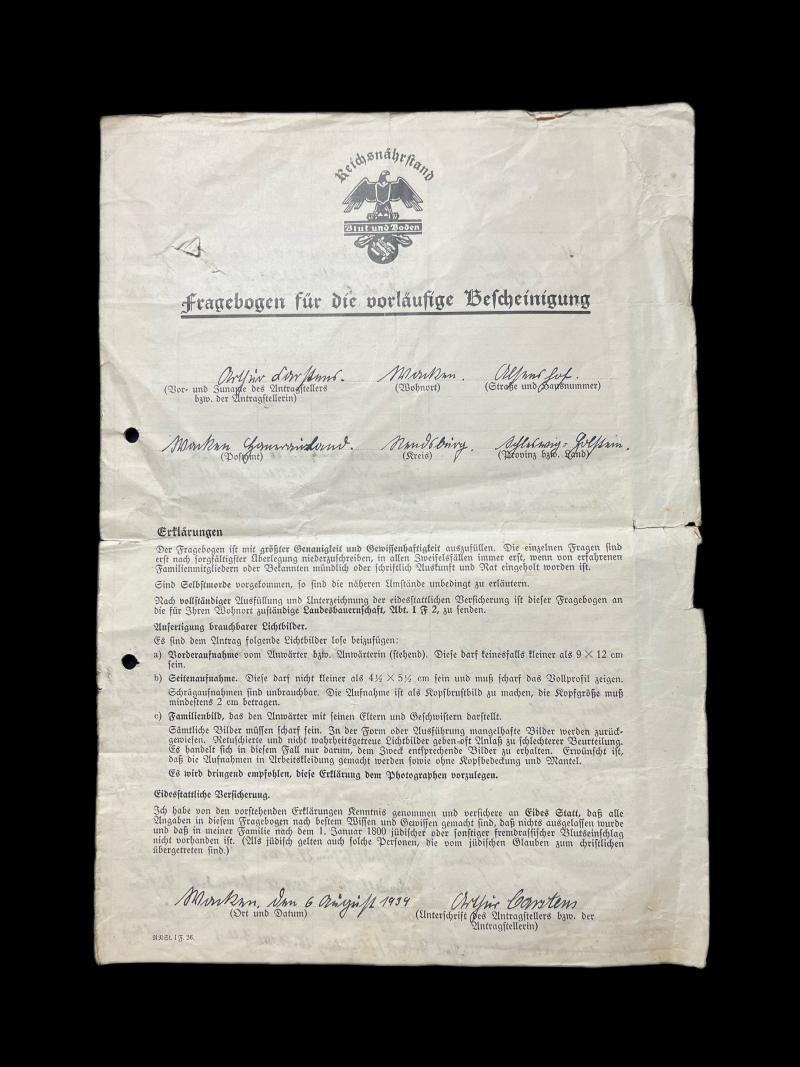 WW2 GERMAN BLUT UND BODEN QUESTIONNAIRE