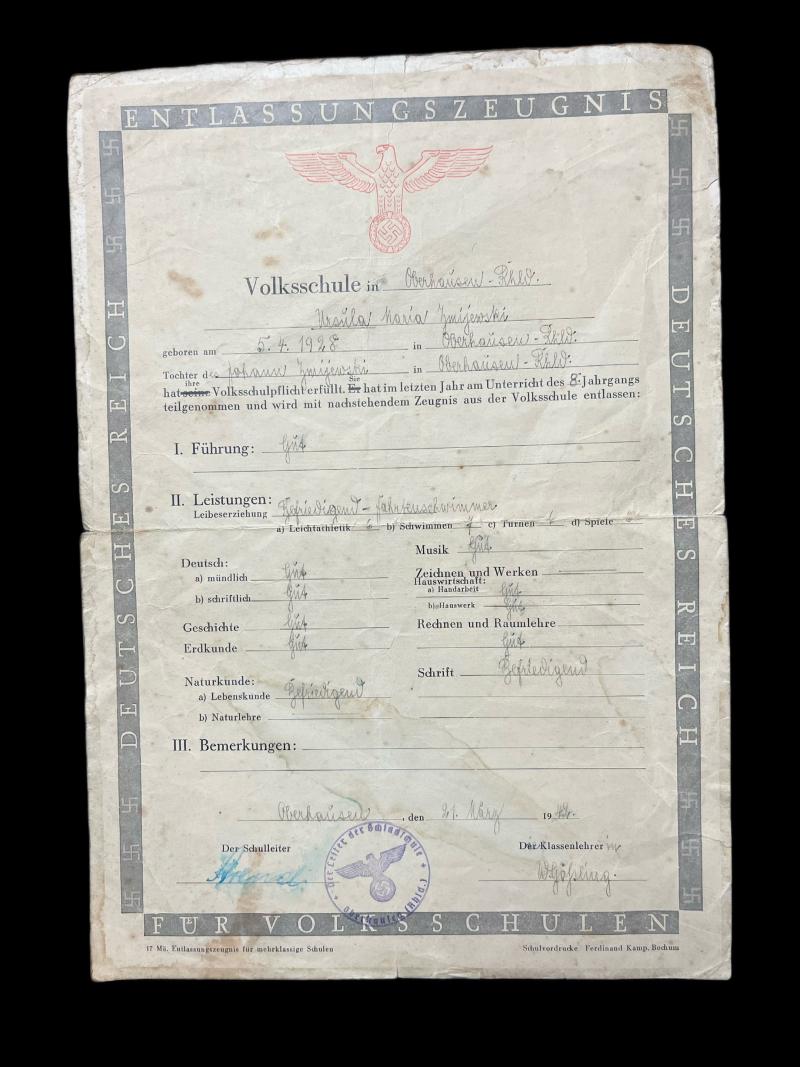 WW2 GERMAN SCHOOL REPORT