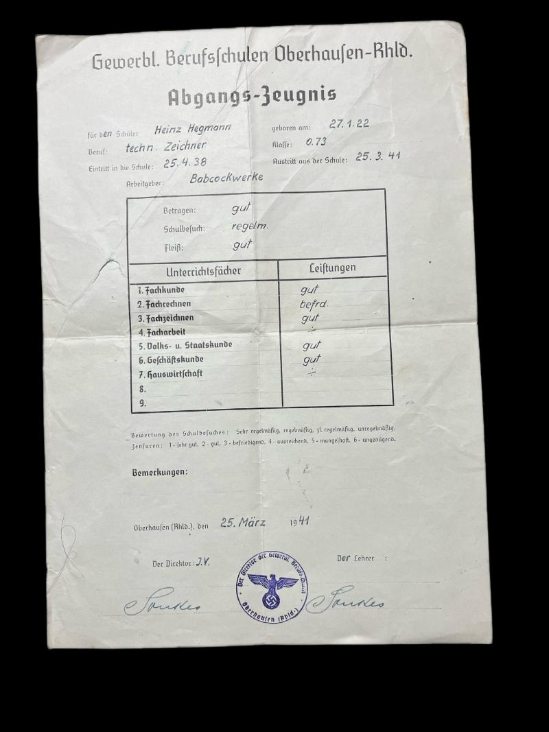WW2 GERMAN SCHOOL REPORT