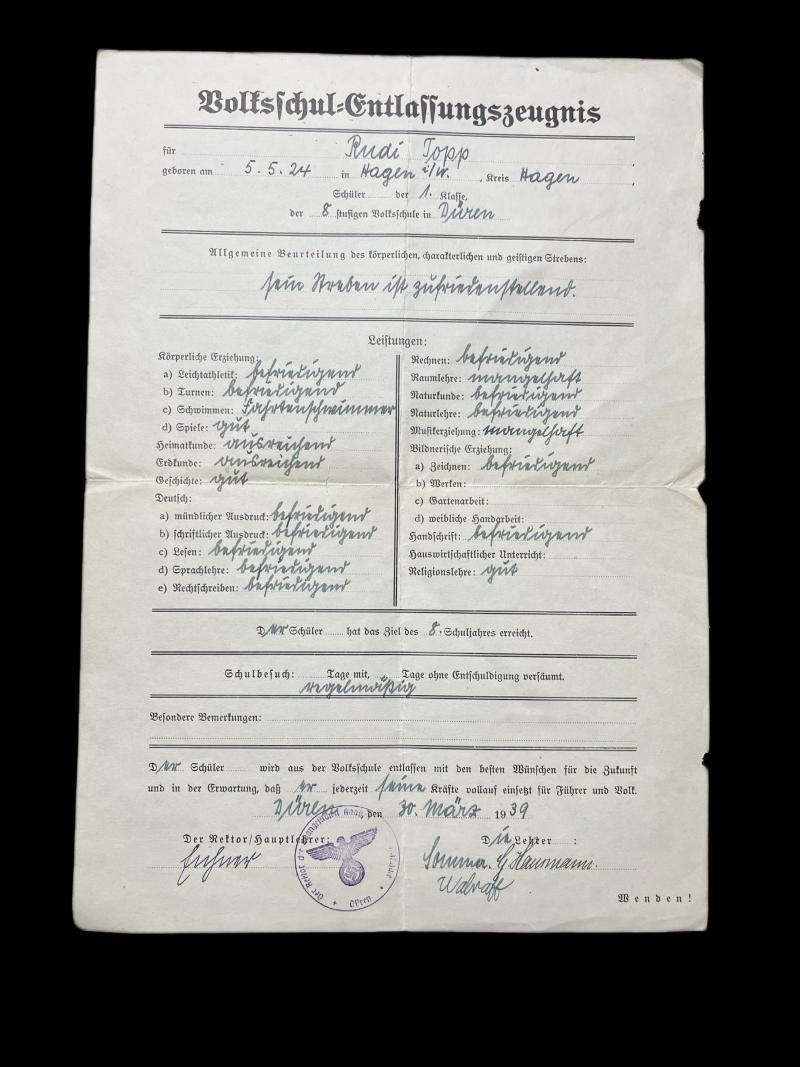WW2 GERMAN SCHOOL LEAVING CERTIFICATE