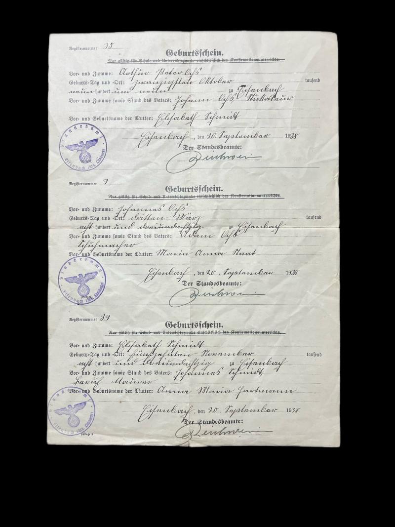 WW2 GERMAN BIRTH CERTIFICATE DOCUMENT