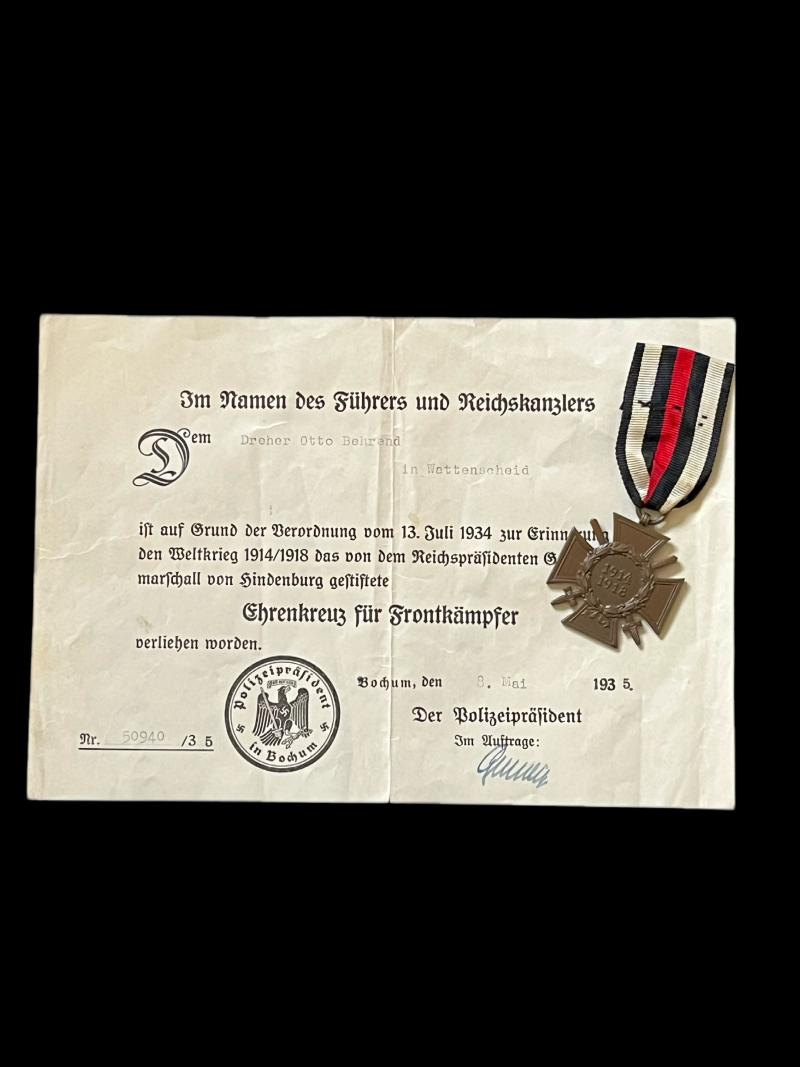 WW1 1914/1918 HONOUR CROSS WITH CERTIFICATE