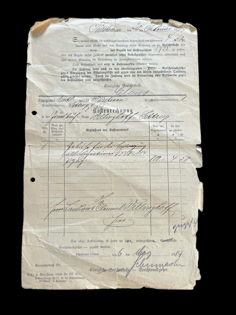 WW1 GERMAN COURT PAYMENT REQUEST