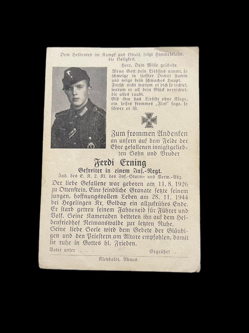 WW2 GERMAN DEATH CARD TO PTE FERDI ERNING
