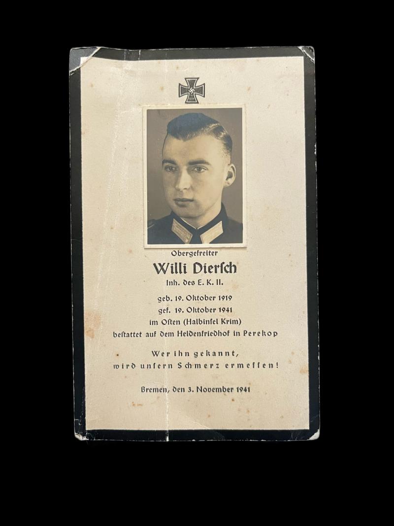 WW2 GERMAN DEATH CARD TO LCPL WILLI DIERSCH