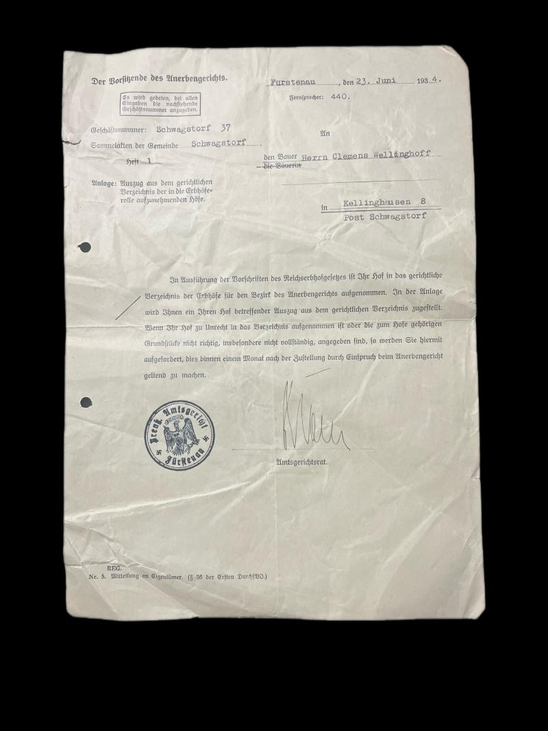 1934 DATED GERMAN INHERITANCE DOCUMENT