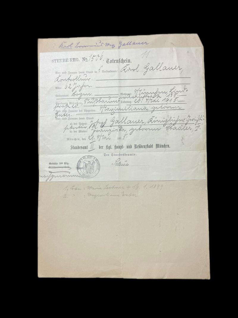WW1 GERMAN 1915 DATED DEATH CERTIFICATE