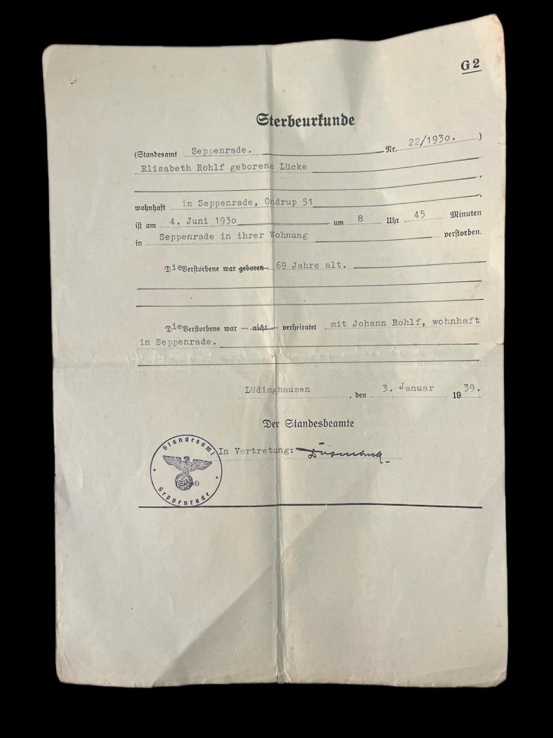 WW2 GERMAN DEATH CERTIFICATE